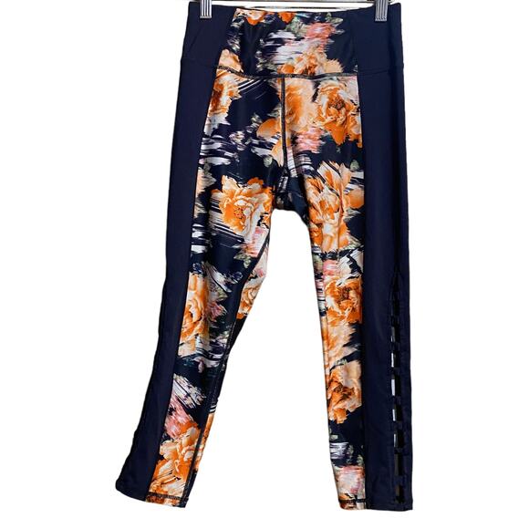 Betsey Johnson navy & floral cropped leggings with lattice cut out on calf Small - Picture 1 of 13